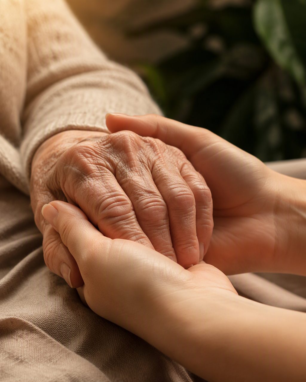 An older person's hand gently held by a younger hand in warm light