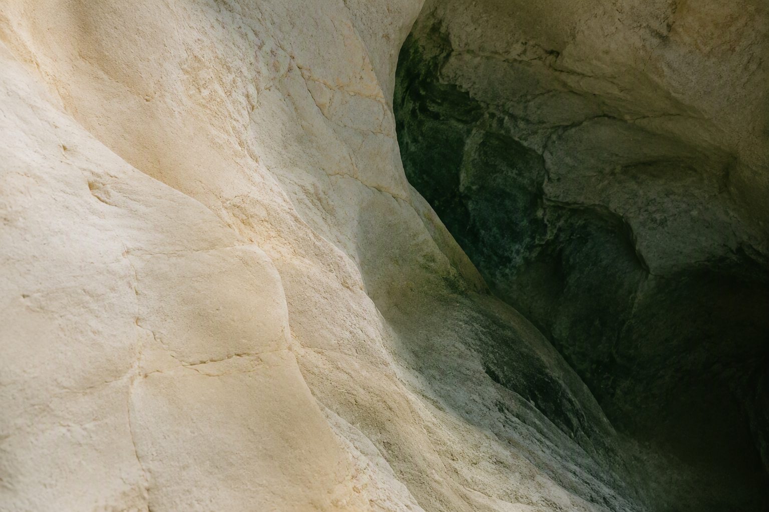 Close view of pale limestone rock with deep green shadow pooling in a crevice